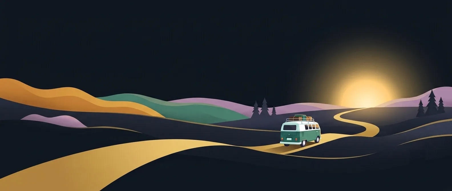 A camper van on a winding road towards the sunrise