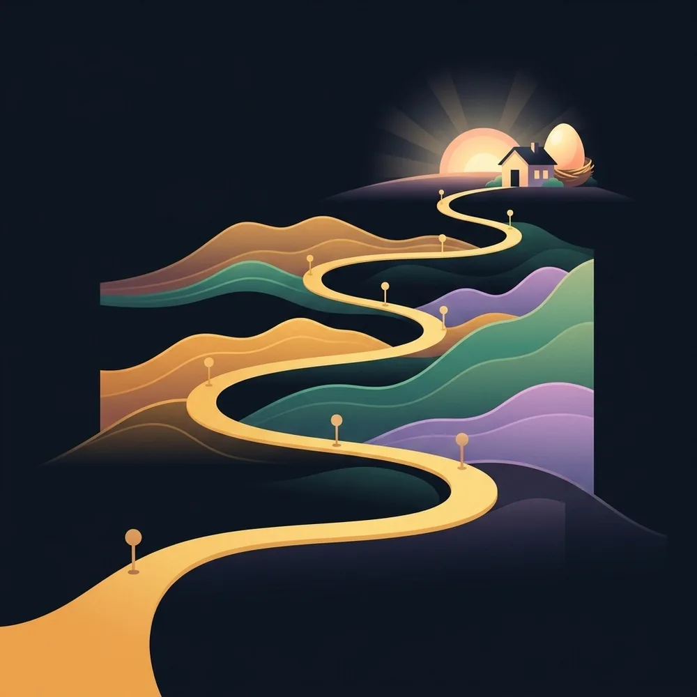 A path through rolling hills to a house and a nest egg at sunrise