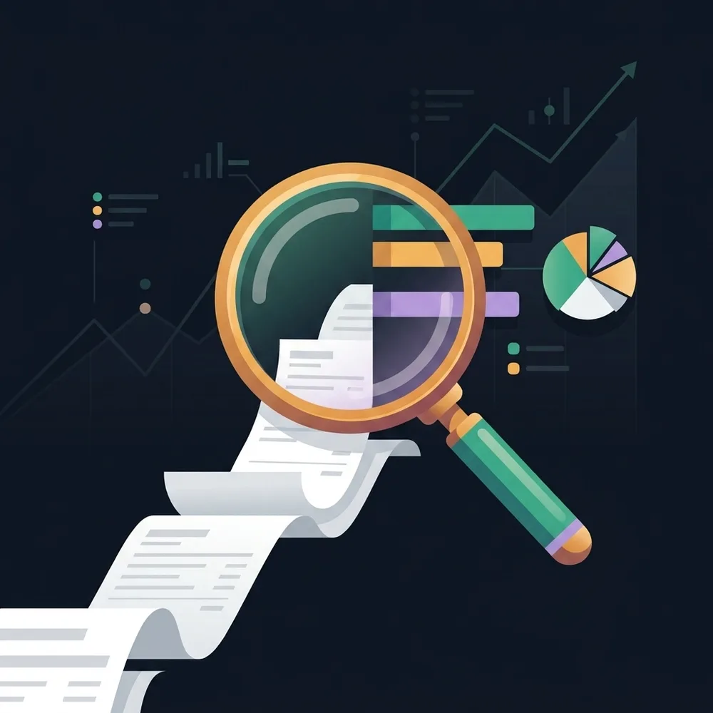 A magnifying glass over bank statements turning into spending categories